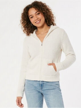 Columbia Sherpa Zip Up Hoodie Womens Ivory Fuzzy Teddy Cozy Gorpcore M #1064